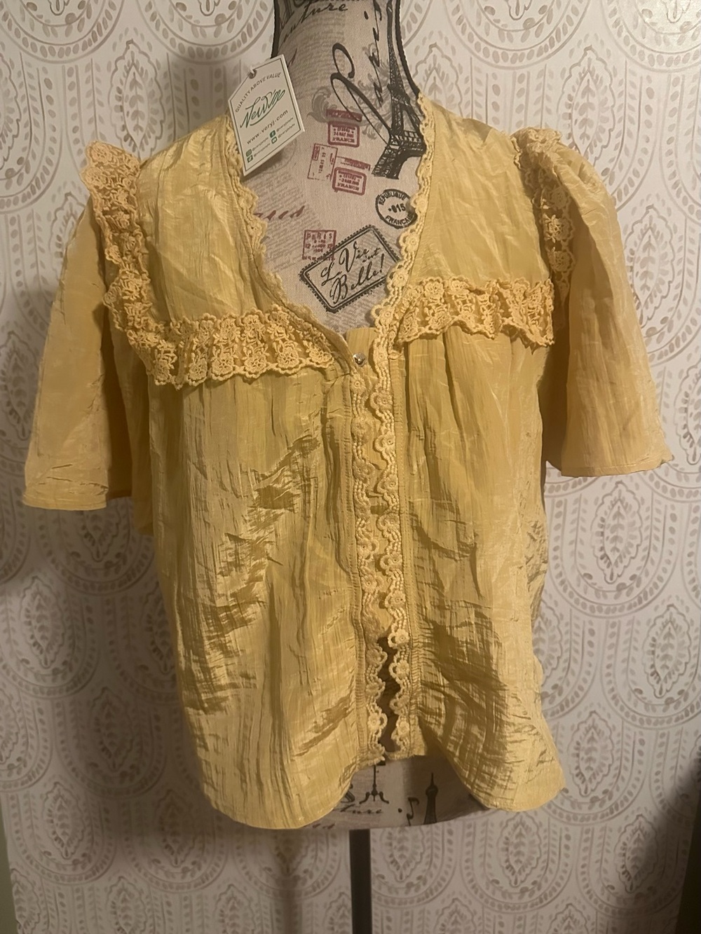Very J Yellow Crochet-Trim Women's Blouse